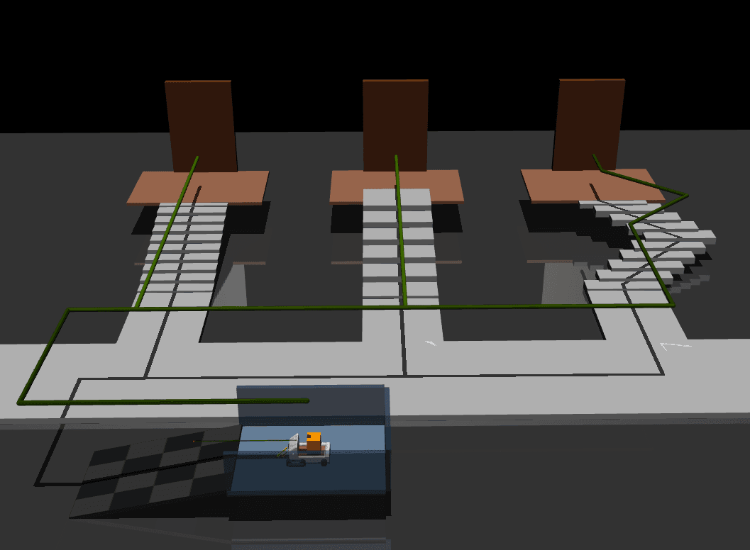 MuJoCo delivery mission scene with the stair-climbing robot on a residential route