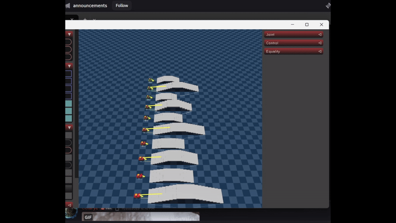 Reinforcement-learning stair traversal rollout in the MuJoCo robot simulation